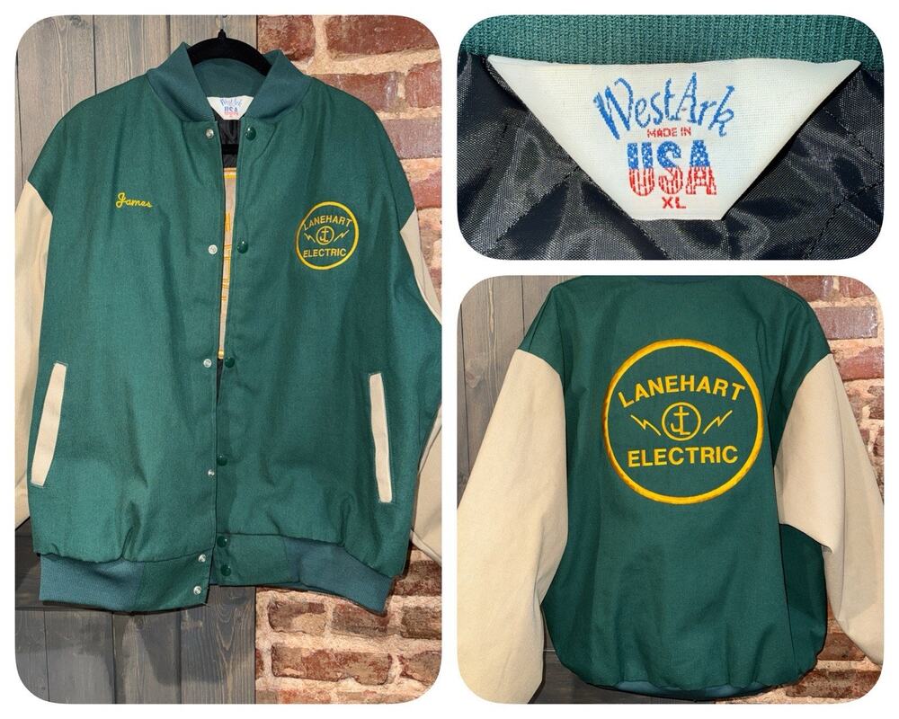 Vintage 90s WestArk USA XL Electrician Workwear Varsity Bomber Jacket Green